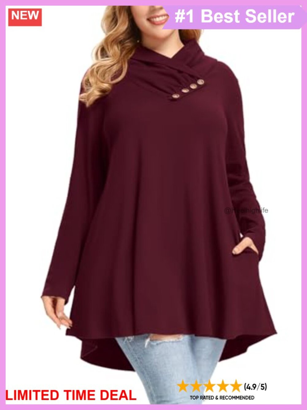Cowl Neck Tunic Sweatshirt with Pockets Plus Size Long Sleeve Pullover